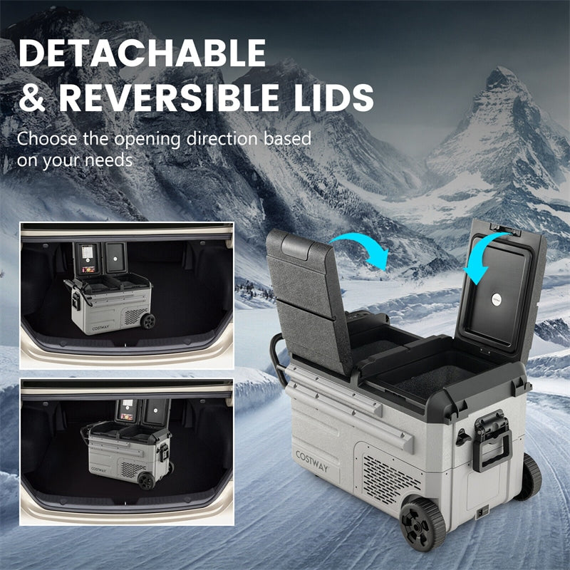 40 Quart Portable Car Refrigerator with Wheels 12/24V DC & 110-240V AC Dual-zone Electric Car Cooler Fridge for RV Camping Travel Home