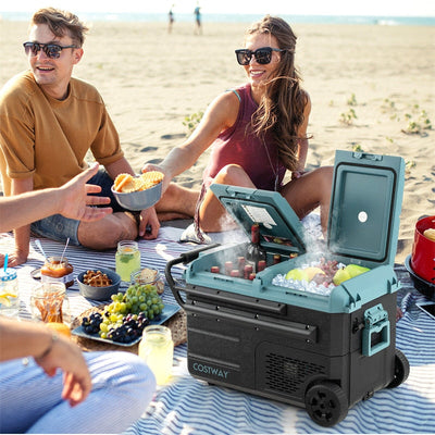 40 Quart Portable Car Refrigerator with Wheels 12/24V DC & 110-240V AC Dual-zone Electric Car Cooler Fridge for RV Camping Travel Home