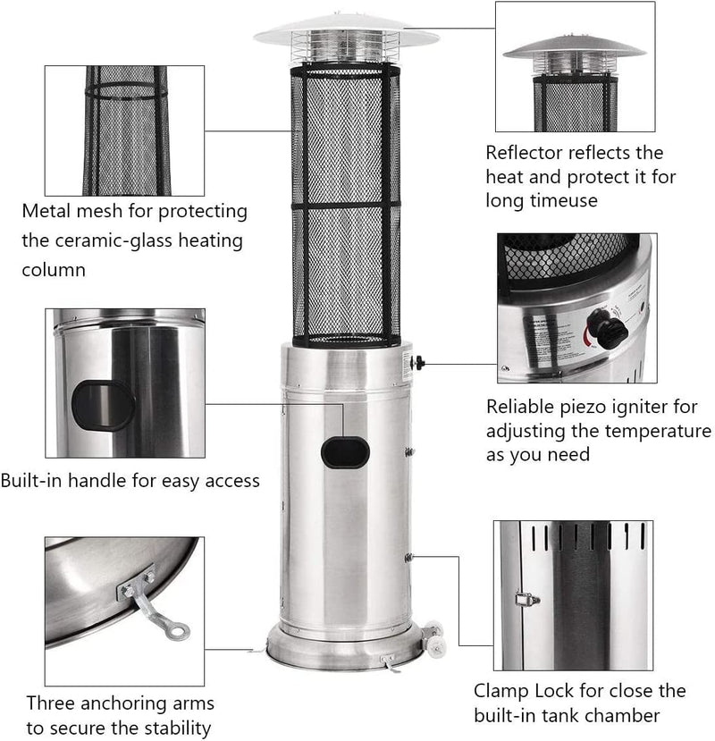 34000 BTU Stainless Steel Standing Round Glass Tube Propane Patio Heaters