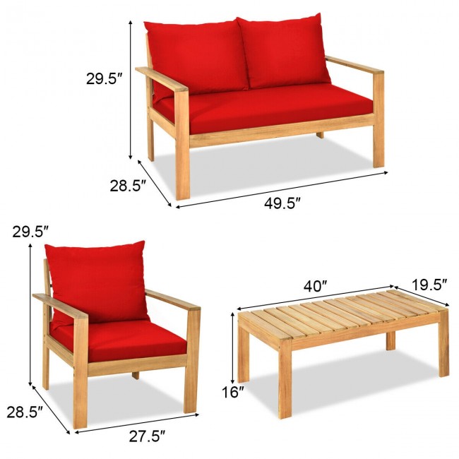 Outdoor 4 Pieces Acacia Wood Loveseat Chat Set Patio Furniture Conversation Sofa Set with Cushion and Coffee Table