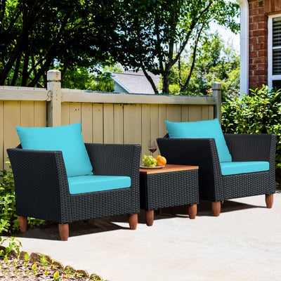 3 Pieces Outdoor Wicker Furniture Set Patio Conversation Sofa Set with Cushion and Table