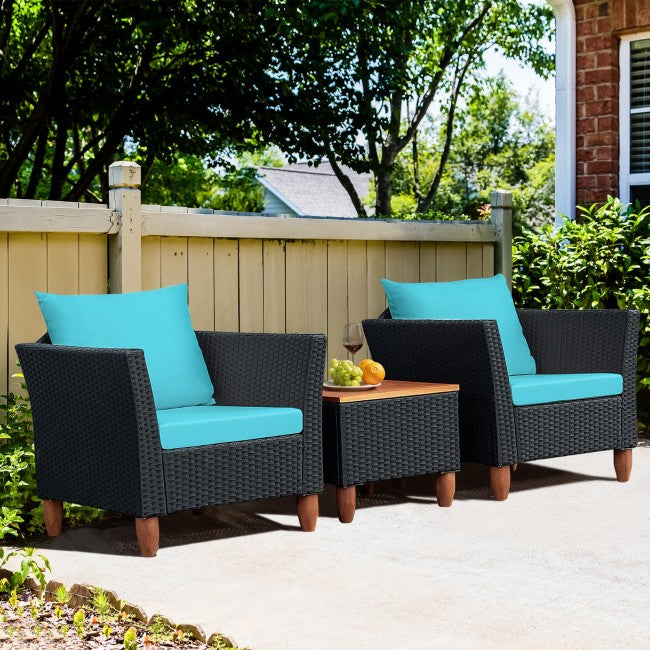 3 Pieces Outdoor Wicker Furniture Set Patio Conversation Sofa Set with Cushion and Table