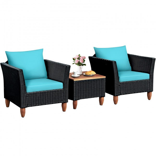 3 Pieces Outdoor Wicker Furniture Set Patio Conversation Sofa Set with Cushion and Table