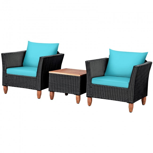 3 Pieces Outdoor Wicker Furniture Set Patio Conversation Sofa Set with Cushion and Table