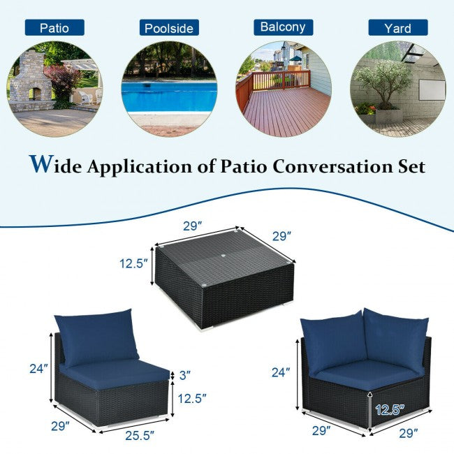 7 Pieces Outdoor Patio Rattan Furniture Set Wicker Sofa Sectional Conversation Set with Cushions and Tempered Glass Tea Table