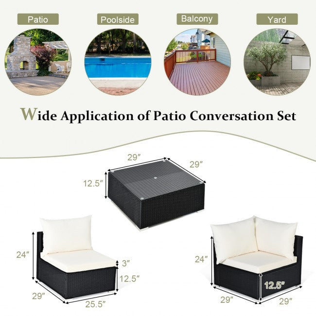 7 Pieces Outdoor Patio Rattan Furniture Set Wicker Sofa Sectional Conversation Set with Cushions and Tempered Glass Tea Table