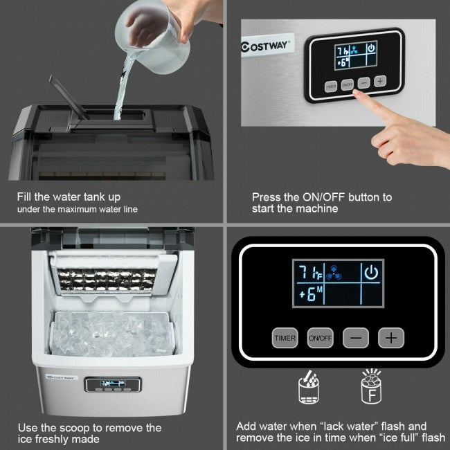 48LBS/24H Automatic Stainless Steel Ice Maker Self-Clean Ice  Machine with LCD Display and Timer Function