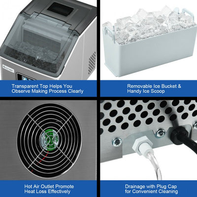 48LBS/24H Automatic Stainless Steel Ice Maker Self-Clean Ice  Machine with LCD Display and Timer Function