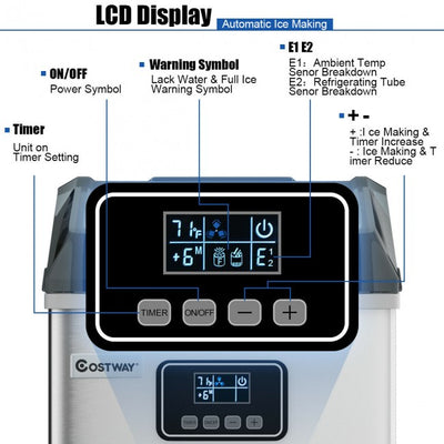 48LBS/24H Automatic Stainless Steel Ice Maker Self-Clean Ice  Machine with LCD Display and Timer Function