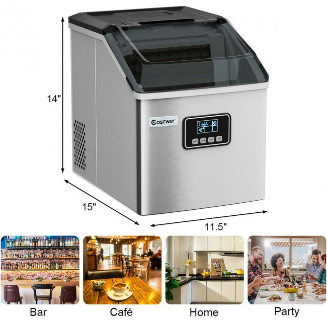 48LBS/24H Automatic Stainless Steel Ice Maker Self-Clean Ice  Machine with LCD Display and Timer Function