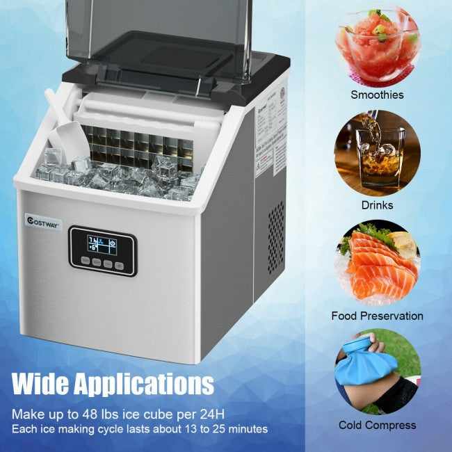 48LBS/24H Automatic Stainless Steel Ice Maker Self-Clean Ice  Machine with LCD Display and Timer Function