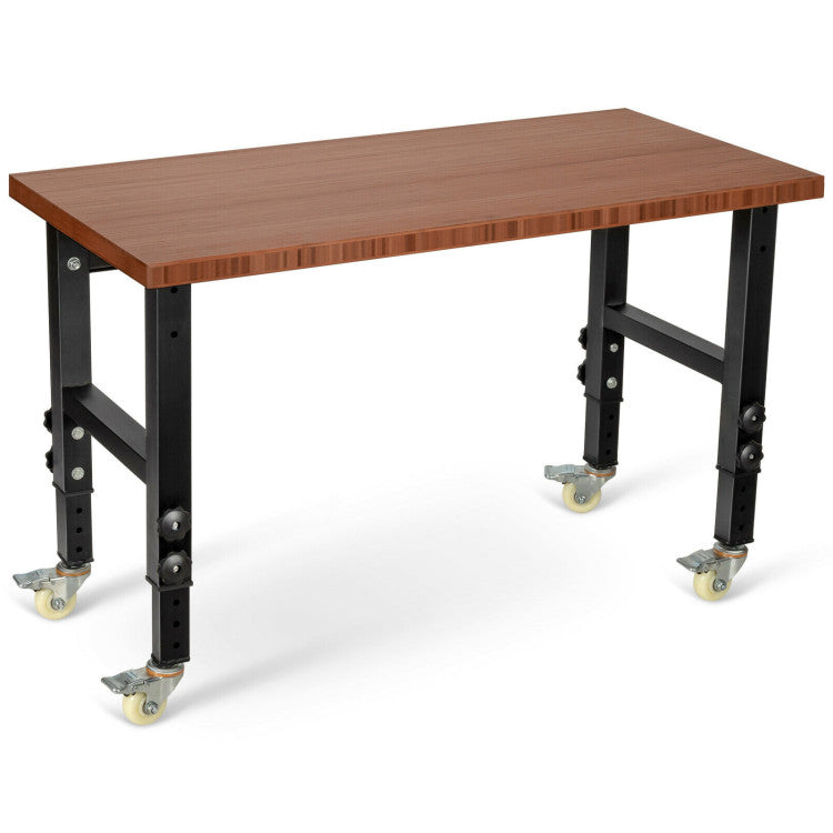 48" x 24" Bamboo Mobile Adjustable Work Bench Heavy Duty Wood Top Work Table Hardwood Workstation with Casters