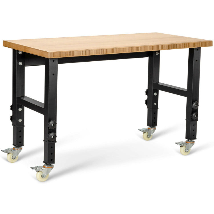 48" x 24" Bamboo Mobile Adjustable Work Bench Heavy Duty Wood Top Work Table Hardwood Workstation with Casters
