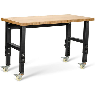 48" x 24" Bamboo Mobile Adjustable Work Bench 2200LBS Heavy Duty Wood Top Work Table Hardwood Workstation with Casters