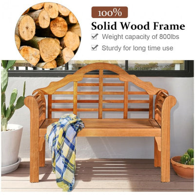 49 Inch Outdoor Patio Eucalyptus Wood Folding Bench Two Person Loveseat Chair with Backrest Armrest