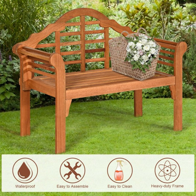 49 Inch Outdoor Patio Eucalyptus Wood Folding Bench Two Person Loveseat Chair with Backrest Armrest