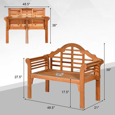 49 Inch Outdoor Patio Eucalyptus Wood Folding Bench Two Person Loveseat Chair with Backrest Armrest