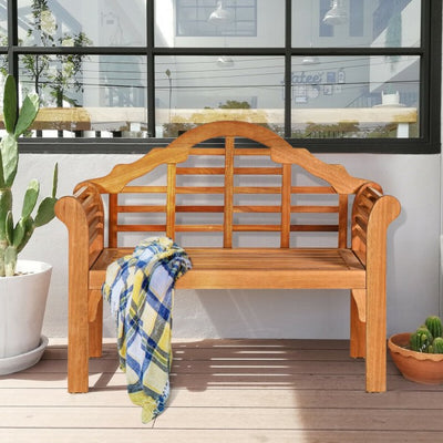 49 Inch Outdoor Patio Eucalyptus Wood Folding Bench Two Person Loveseat Chair with Backrest Armrest