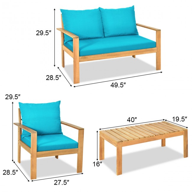 Outdoor 4 Pieces Acacia Wood Loveseat Chat Set Patio Furniture Conversation Sofa Set with Cushion and Coffee Table