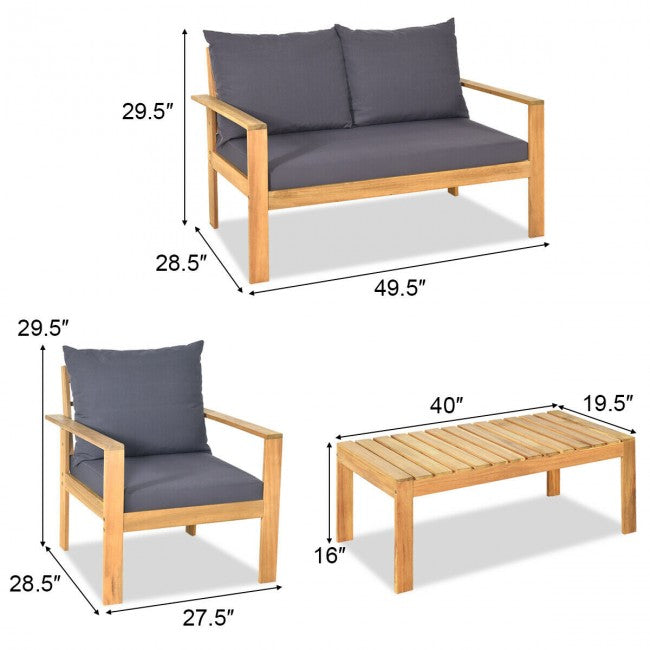 Outdoor 4 Pieces Acacia Wood Loveseat Chat Set Patio Furniture Conversation Sofa Set with Cushion and Coffee Table