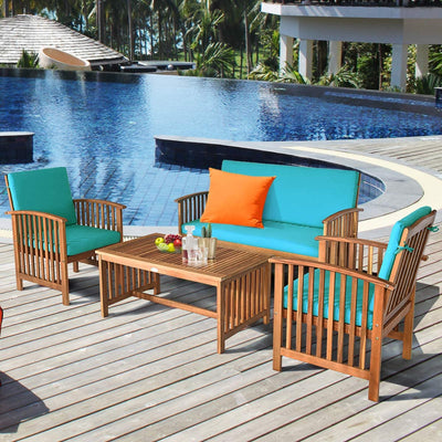 4 Pcs Outdoor Acacia Wood Sofa Furniture Set Patio Seating Chat Set with Water Resistant Cushions and Coffee Table