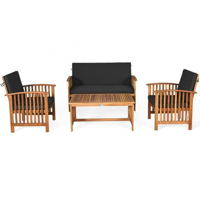 4 Pcs Outdoor Acacia Wood Sofa Furniture Set Patio Seating Chat Set with Water Resistant Cushions and Coffee Table