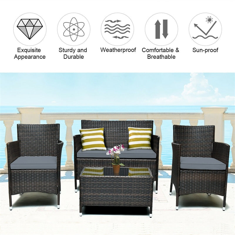 4 Pieces Patio Rattan Furniture Sets Outdoor Conversation Set Garden Bistro Sets with Cushion Table