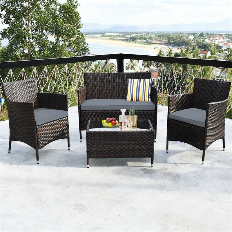 4 Pieces Patio Rattan Furniture Sets Outdoor Conversation Set Garden Bistro Sets with Cushion Table