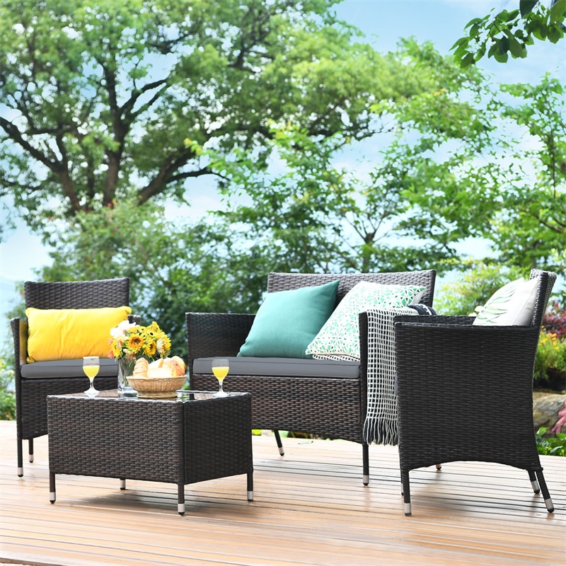 4 Pieces Patio Rattan Furniture Sets Outdoor Conversation Set Garden Bistro Sets with Cushion Table