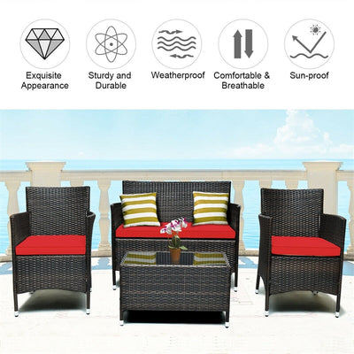 4 Pieces Patio Rattan Furniture Sets Outdoor Conversation Set Garden Bistro Sets with Cushion Table