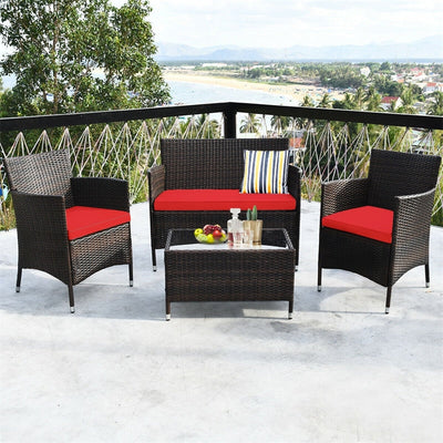 4 Pieces Patio Rattan Furniture Sets Outdoor Conversation Set Garden Bistro Sets with Cushion Table