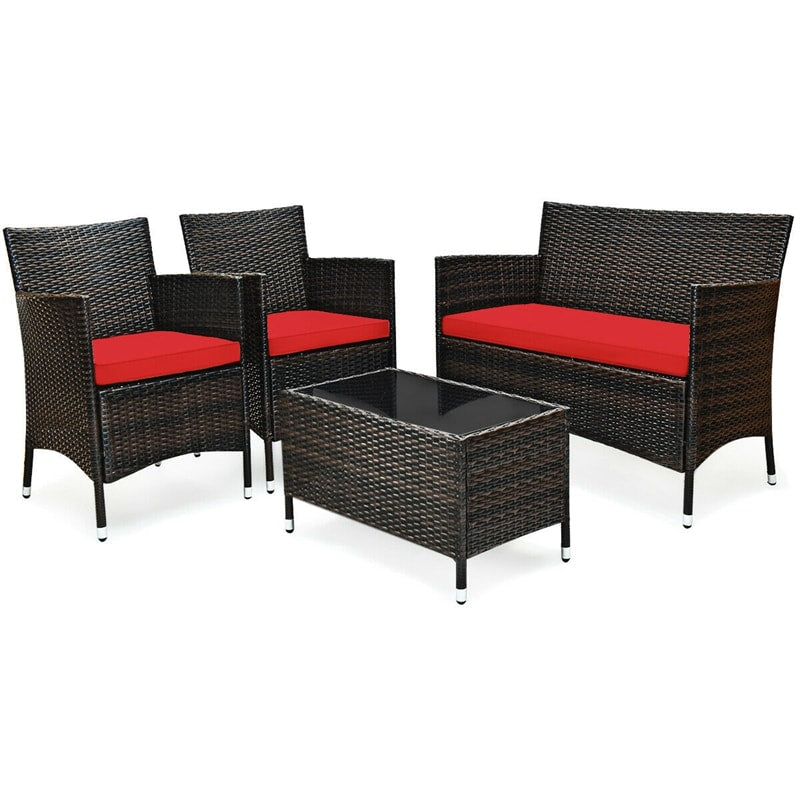 4 Pieces Patio Rattan Furniture Sets Outdoor Conversation Set Garden Bistro Sets with Cushion Table