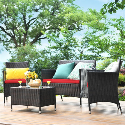 4 Pieces Patio Rattan Furniture Sets Outdoor Conversation Set Garden Bistro Sets with Cushion Table