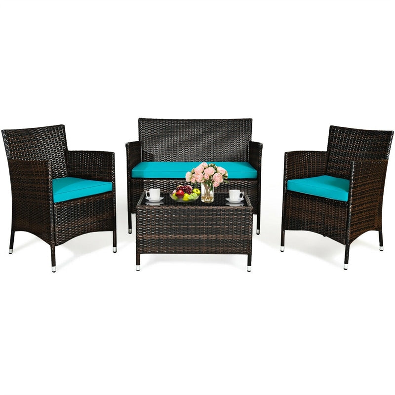 4 Pieces Patio Rattan Furniture Sets Outdoor Conversation Set Garden Bistro Sets with Cushion Table