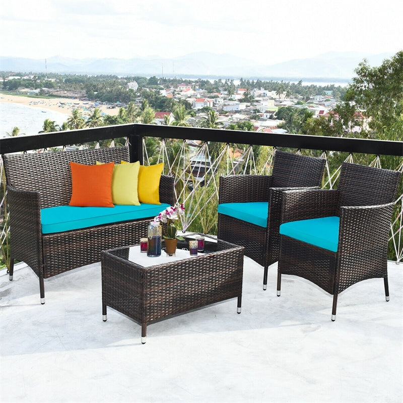 4 Pieces Patio Rattan Furniture Sets Outdoor Conversation Set Garden Bistro Sets with Cushion Table