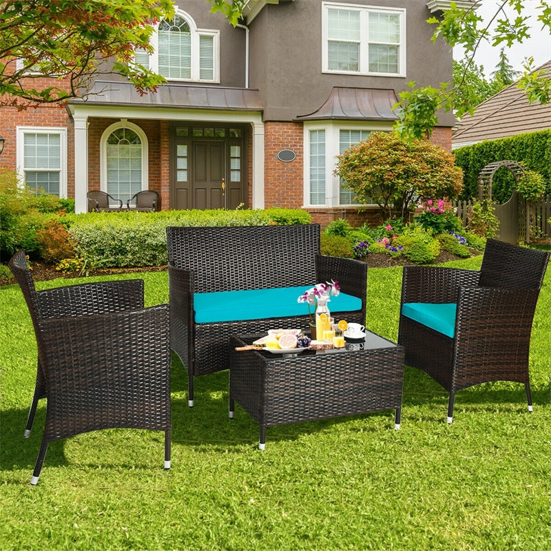 4 Pieces Patio Rattan Furniture Sets Outdoor Conversation Set Garden Bistro Sets with Cushion Table