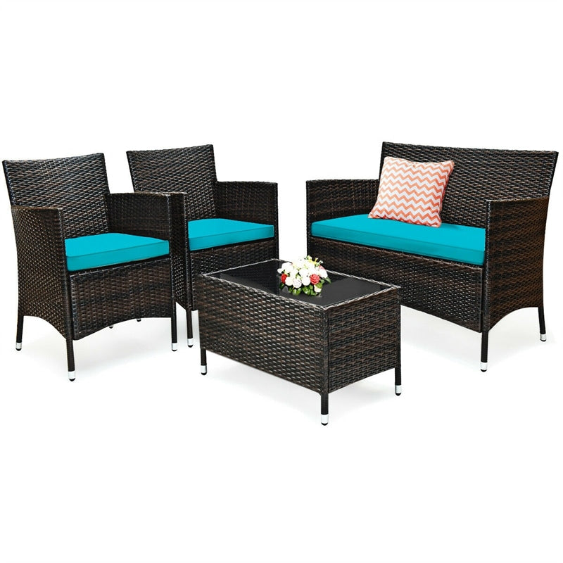 4 Pieces Patio Rattan Furniture Sets Outdoor Conversation Set Garden Bistro Sets with Cushion Table