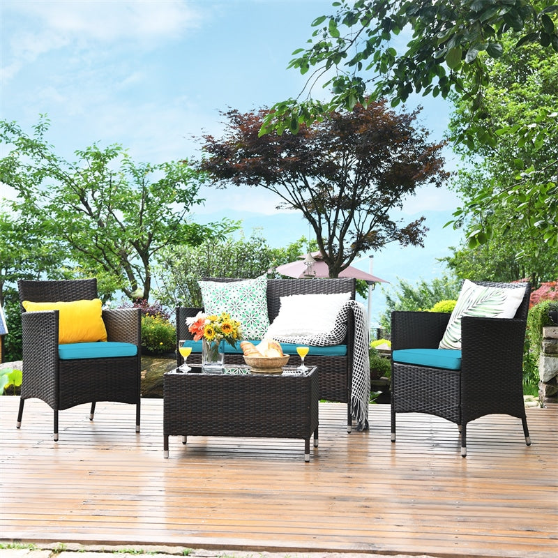 4 Pieces Patio Rattan Furniture Sets Outdoor Conversation Set Garden Bistro Sets with Cushion Table