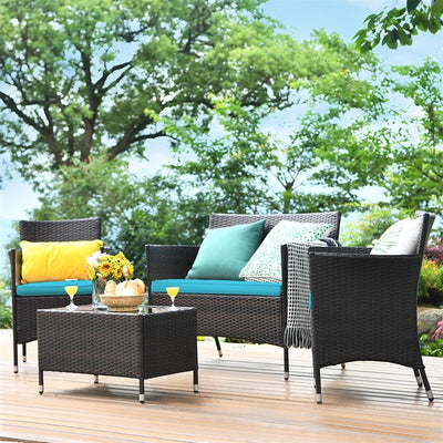 4 Pieces Patio Rattan Furniture Sets Outdoor Conversation Set Garden Bistro Sets with Cushion Table