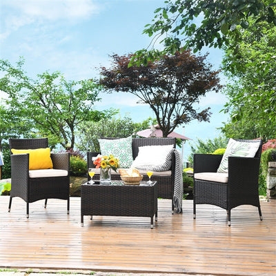 4 Pieces Patio Rattan Furniture Sets Outdoor Conversation Set Garden Bistro Sets with Cushion Table