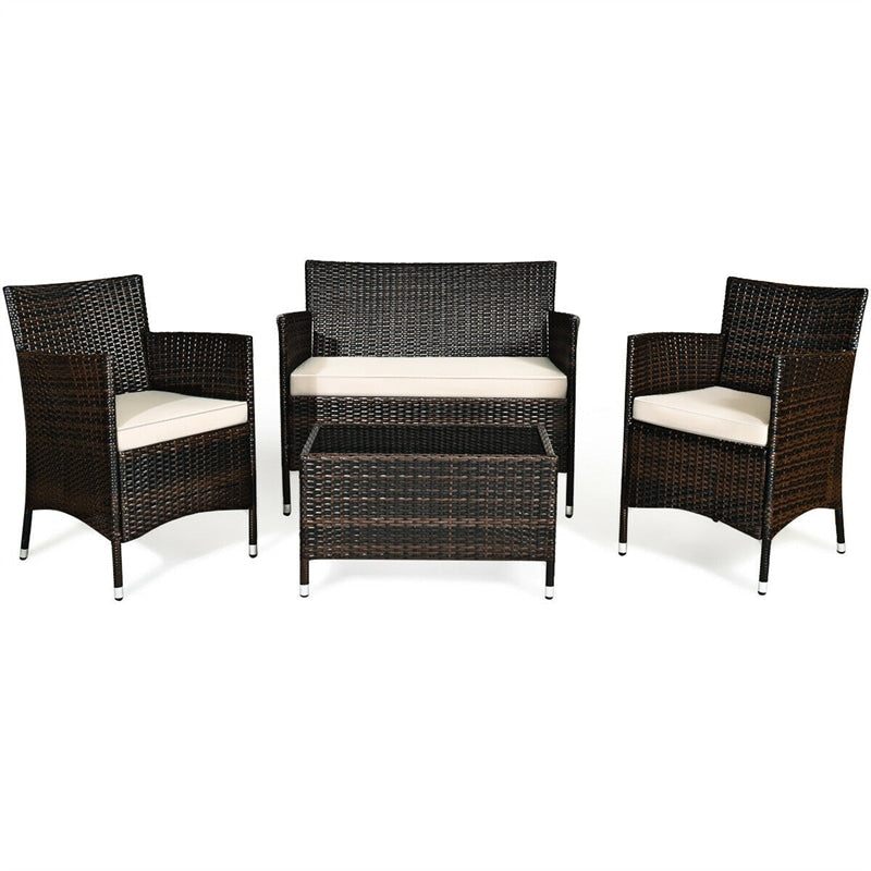 4 Pieces Patio Rattan Furniture Sets Outdoor Conversation Set Garden Bistro Sets with Cushion Table