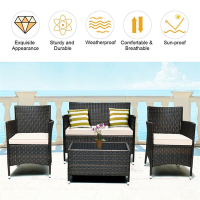 4 Pieces Patio Rattan Furniture Sets Outdoor Conversation Set Garden Bistro Sets with Cushion Table