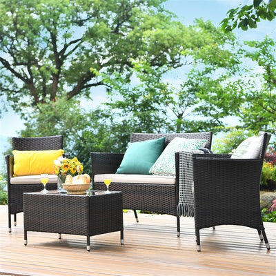 4 Pieces Patio Rattan Furniture Sets Outdoor Conversation Set Garden Bistro Sets with Cushion Table