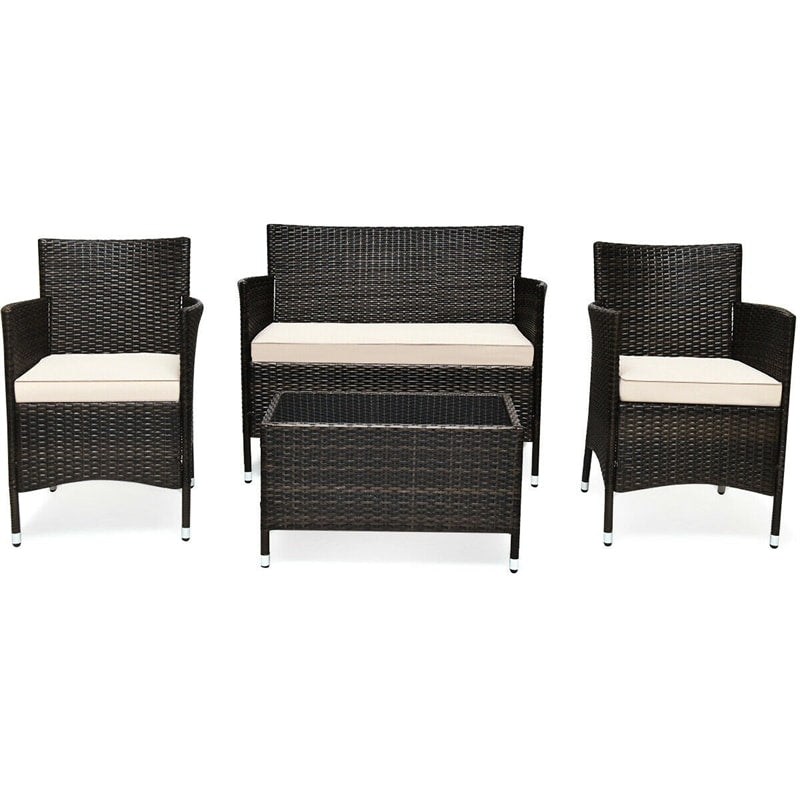 4 Pieces Patio Rattan Furniture Sets Outdoor Conversation Set Garden Bistro Sets with Cushion Table