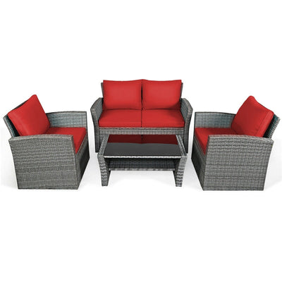 4 Pieces Patio Rattan Furniture Set Outdoor Conversation Sectional Sofa Set with Storage Shelf