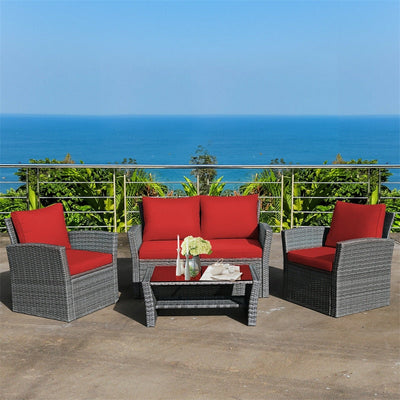 4 Pieces Patio Rattan Furniture Set Outdoor Conversation Sectional Sofa Set with Storage Shelf