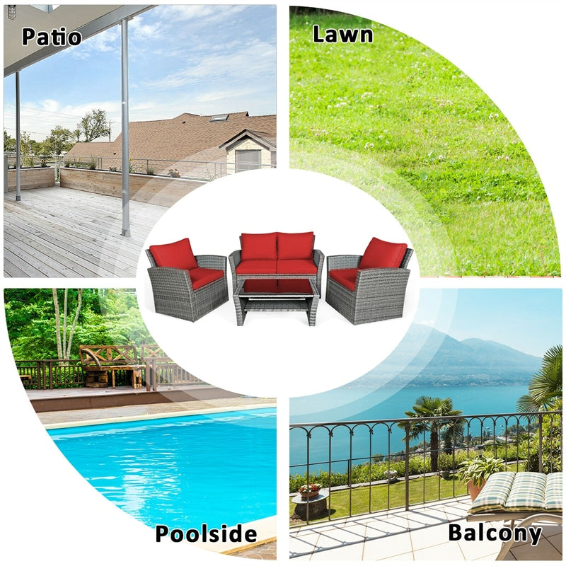 4 Pieces Patio Rattan Furniture Set Outdoor Conversation Sectional Sofa Set with Storage Shelf