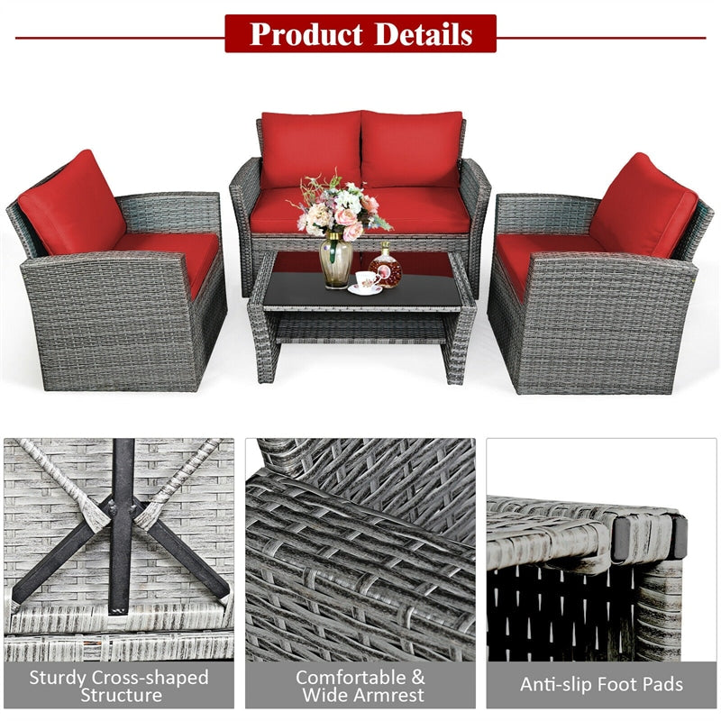 4 Pieces Patio Rattan Furniture Set Outdoor Conversation Sectional Sofa Set with Storage Shelf