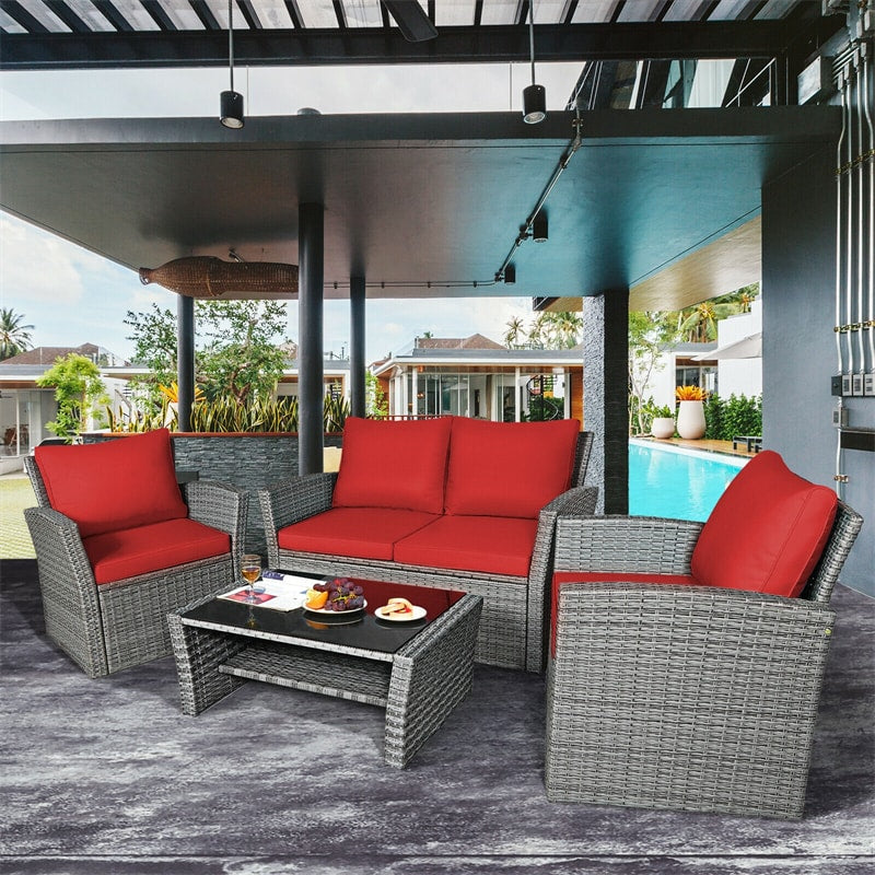 4 Pieces Patio Rattan Furniture Set Outdoor Conversation Sectional Sofa Set with Storage Shelf