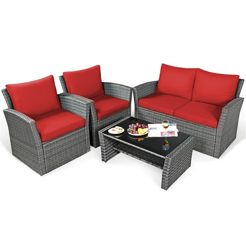 4 Pieces Patio Rattan Furniture Set Outdoor Conversation Sectional Sofa Set with Storage Shelf